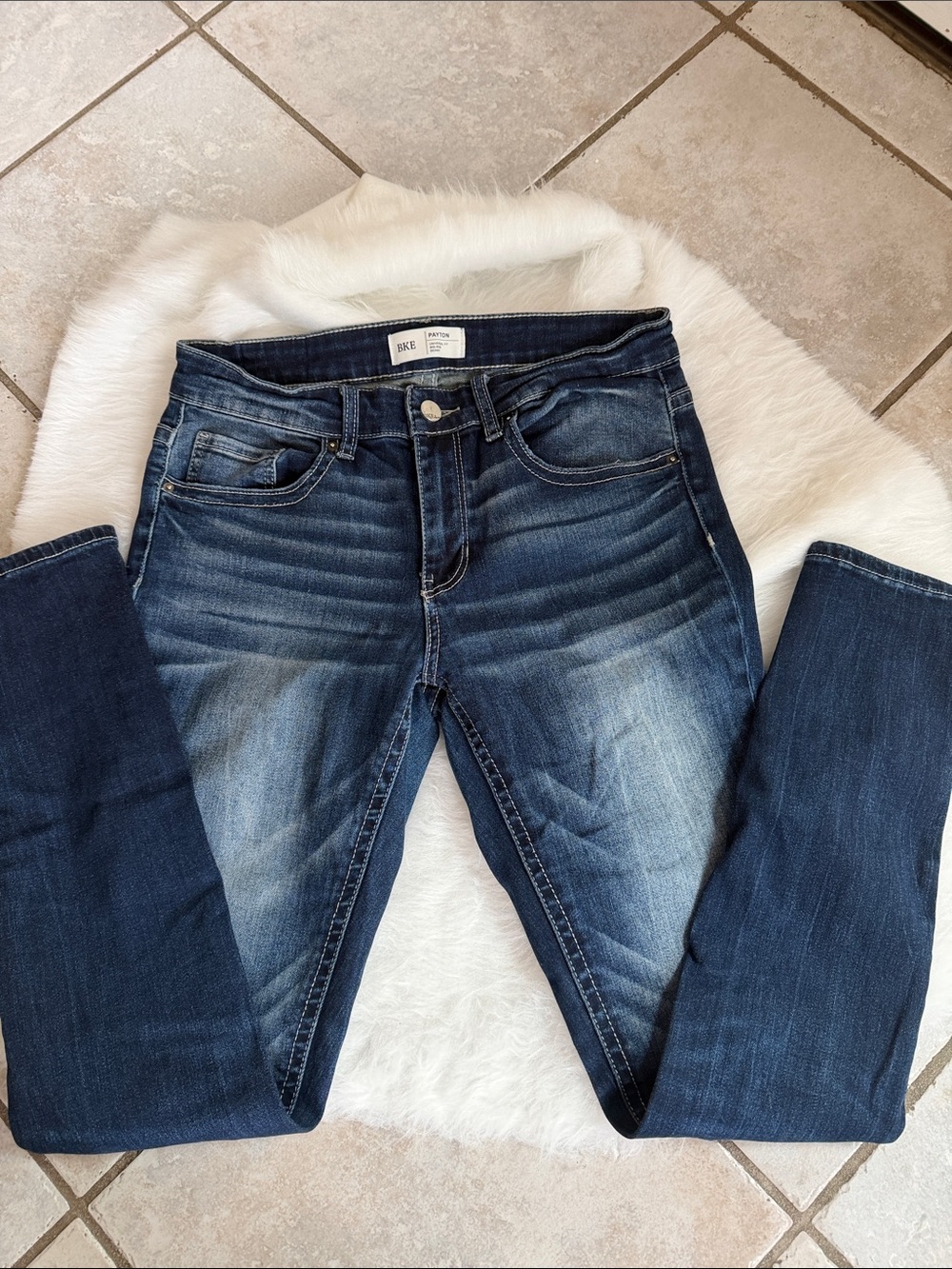 BKE Women's Dark Blue Skinny Jeans with Faded Whiskering